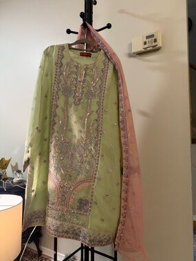 Embroidered Light Green & Pink Women’s Dress with Dupatta